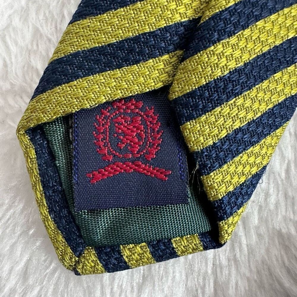Tommy Hilfiger Men's Italian Silk Necktie Blue And Yellow Eclectic Stripe Floral - Picture 4 of 6